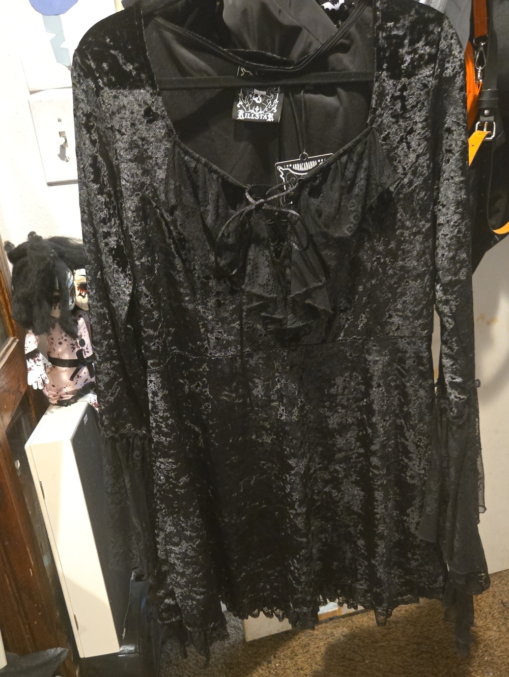 Killstar Black Crushed Velvet Lace-Up Gothic Maxi Dress